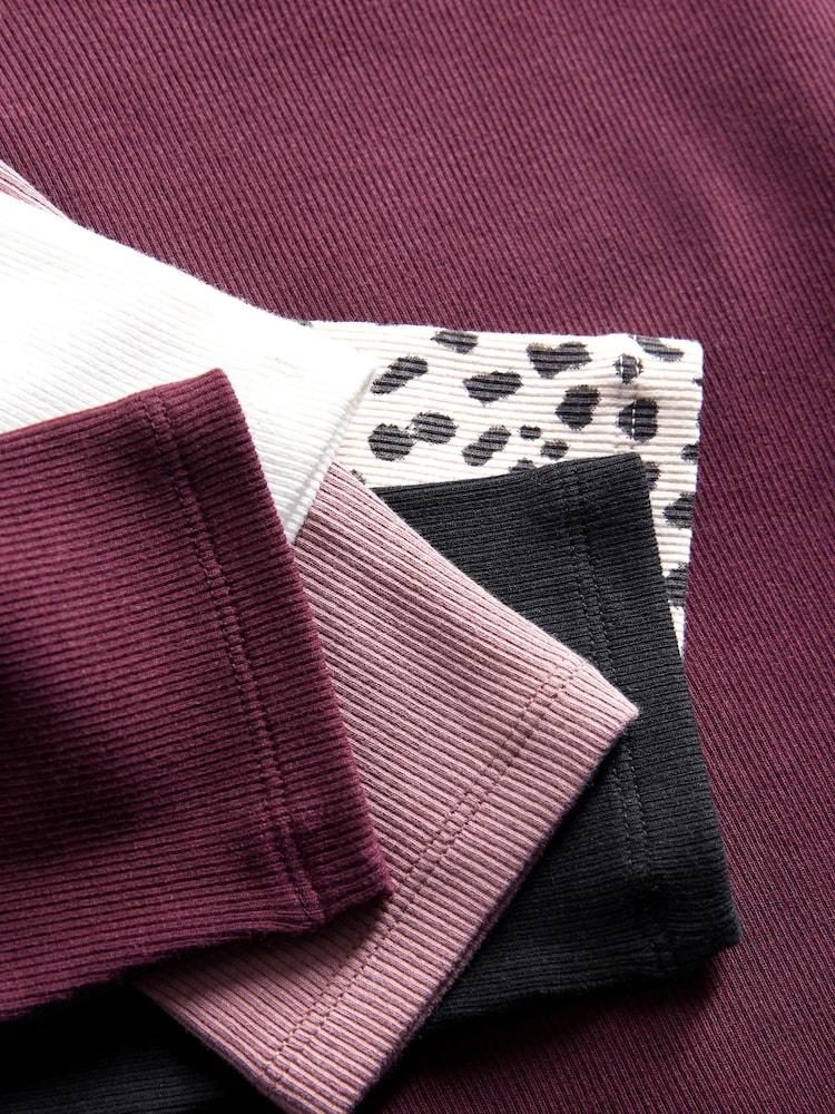 The Set Black/Cream/Berry Red/Mauve Pink/Leopard Print 5 Pack Ribbed Long Sleeve T-Shirts - Image 8 of 8