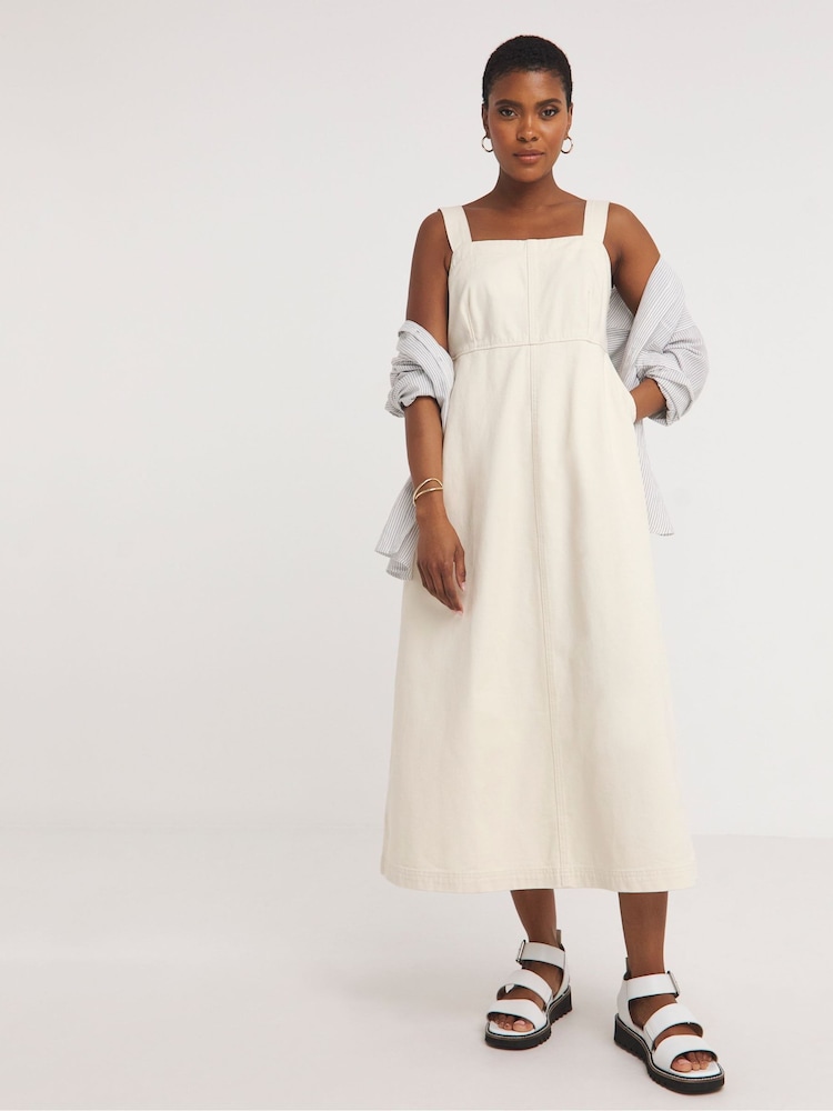 JD Williams White 100% Cotton Apron Midi Dress - Image 1 of 4 JD Williams White 100% Cotton Apron Midi Dress - Image 1 of 4