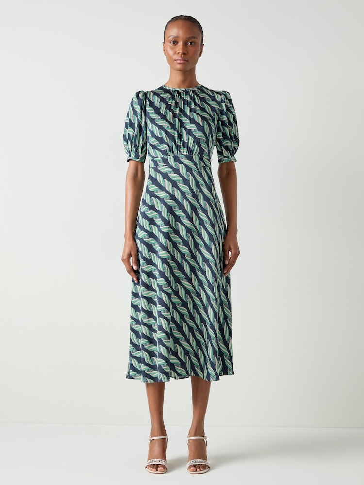 LK Bennett Blue Jem Spring Vy Multi Ribbon Print Satin Dress - Image 1 of 3