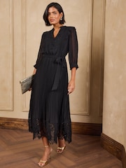Love & Roses Black Pleated Chiffon Lace Midi Dress - Image 1 of 5