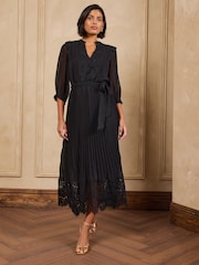 Love & Roses Black Pleated Chiffon Lace Midi Dress - Image 3 of 5