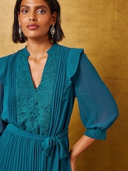 Love & Roses Teal Blue Pleated Chiffon Lace Midi Dress - Image 2 of 4