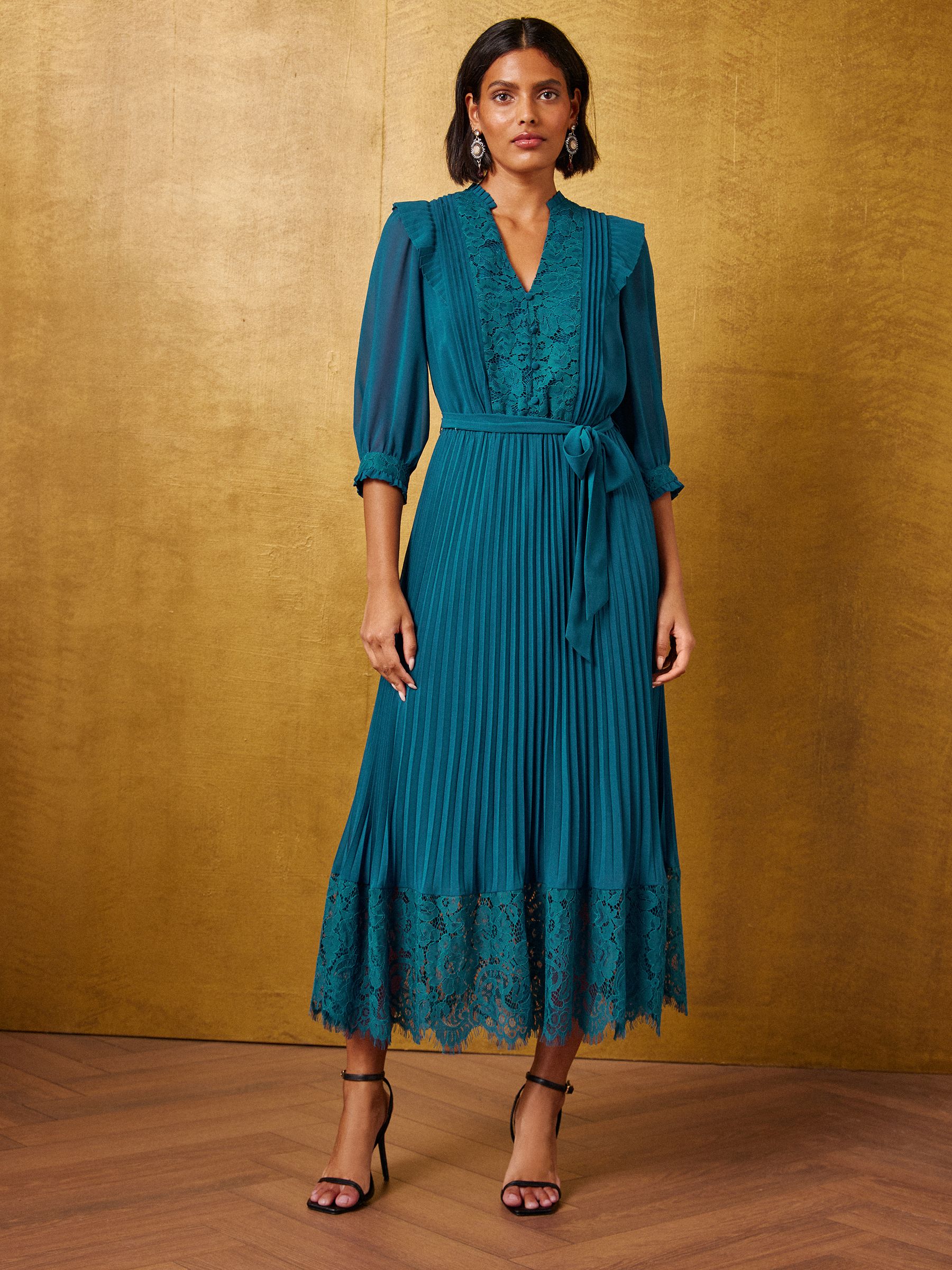 Buy Love & Roses Teal Blue Pleated Chiffon Lace Midi Dress from