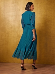Love & Roses Teal Blue Pleated Chiffon Lace Midi Dress - Image 4 of 4