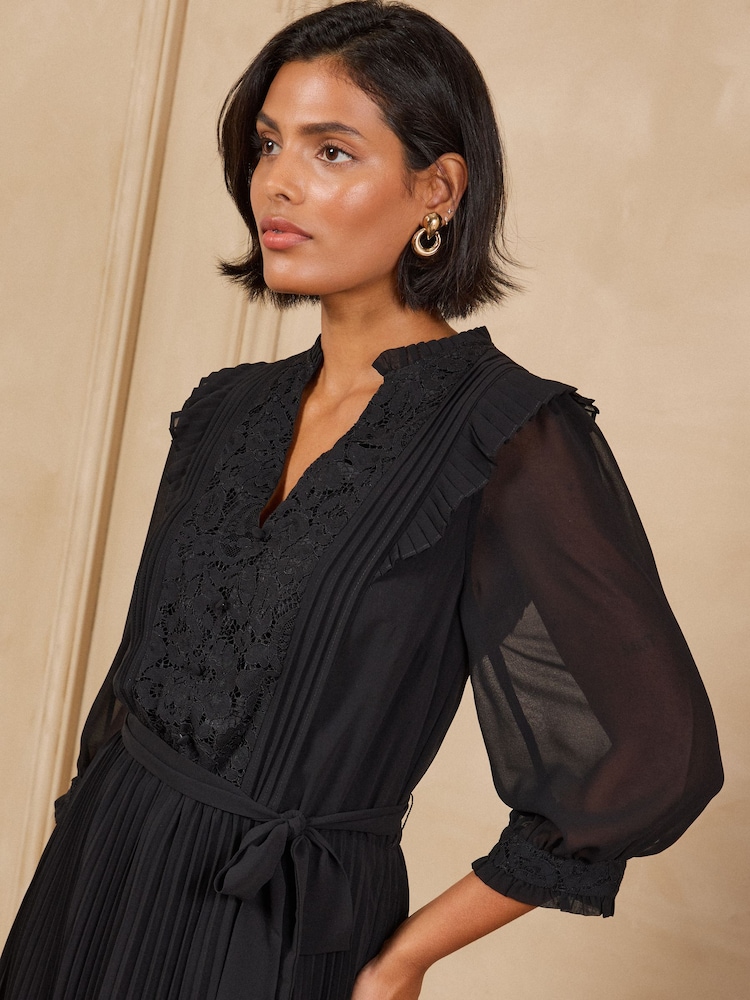 Love & Roses Black Petite Pleated Chiffon Lace Midi Dress - Image 2 of 5 Love & Roses Black Petite Pleated Chiffon Lace Midi Dress - Image 2 of 5