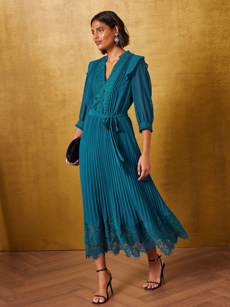 Love & Roses Teal Blue Petite Pleated Chiffon Lace Midi Dress - Image 1 of 4 Love & Roses Teal Blue Petite Pleated Chiffon Lace Midi Dress - Image 1 of 4