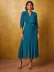 Love & Roses Teal Blue Petite Pleated Chiffon Lace Midi Dress - Image 3 of 4