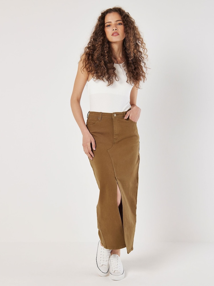 Apricot Brown Layed On Rise Split Denim Skirt - Image 1 of 5