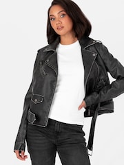 Lovedrobe Distressed Biker Black Jacket With Belt And Pockets - Image 1 of 4