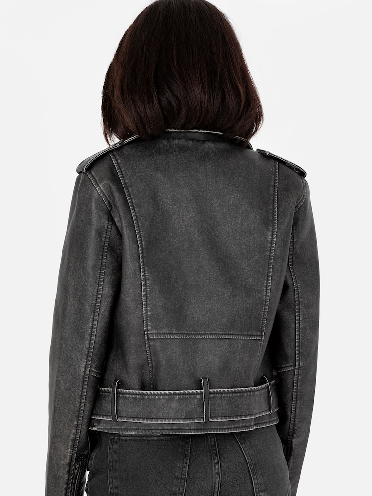 Lovedrobe Distressed Biker Black Jacket With Belt And Pockets - Image 4 of 4