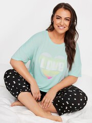 Yours Curve Green Love Heart Crop Top Pyjamas Set - Image 1 of 5