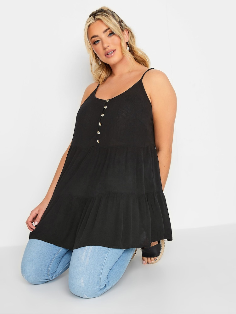 Yours Curve Black Crinkle Tiered Swing Vest Top - Image 1 of 5