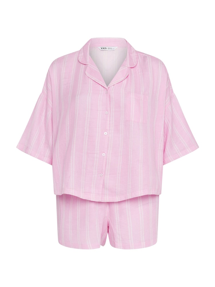 Pink - Set Piyama Garis-Garis Double Cloth 100% Katun Yours Curve - Gambar 5 dari 5