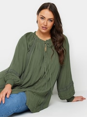 Yours Curve Khaki Green Crinkle Tie Neck Blouse - Image 1 of 5