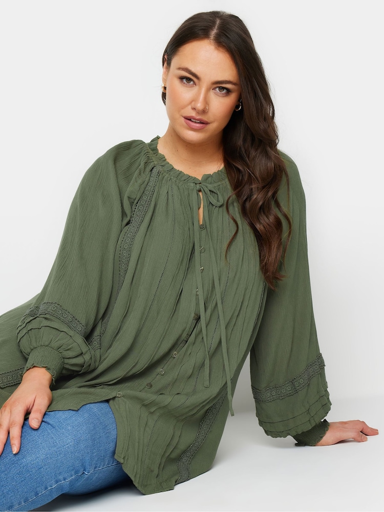 Yours Curve Khaki Green Crinkle Tie Neck Blouse - Image 1 of 5