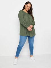 Yours Curve Khaki Green Crinkle Tie Neck Blouse - Image 2 of 5