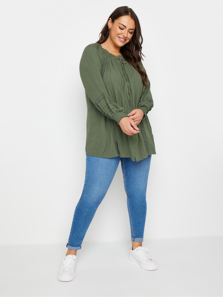 Yours Curve Khaki Green Crinkle Tie Neck Blouse - Image 2 of 5