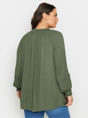 Yours Curve Khaki Green Crinkle Tie Neck Blouse - Image 3 of 5