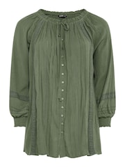 Yours Curve Khaki Green Crinkle Tie Neck Blouse - Image 5 of 5