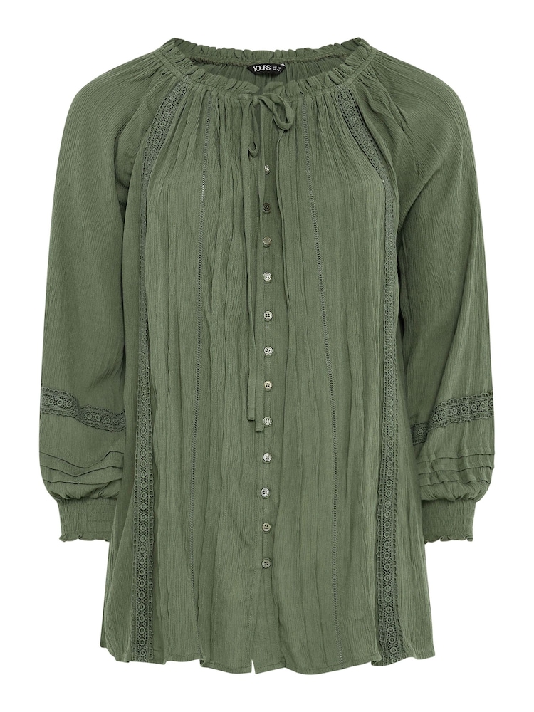 Yours Curve Khaki Green Crinkle Tie Neck Blouse - Image 5 of 5