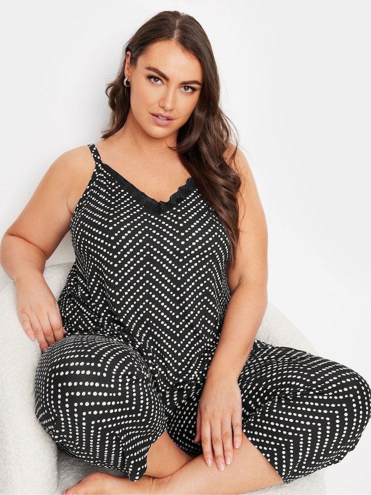 Yours Curve Black Spotty Herringbone Cami Pyjamas Set - Image 1 of 5