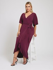 Yours Curve Wine Red Ruffle Hem Wrap Dress - Image 2 of 5