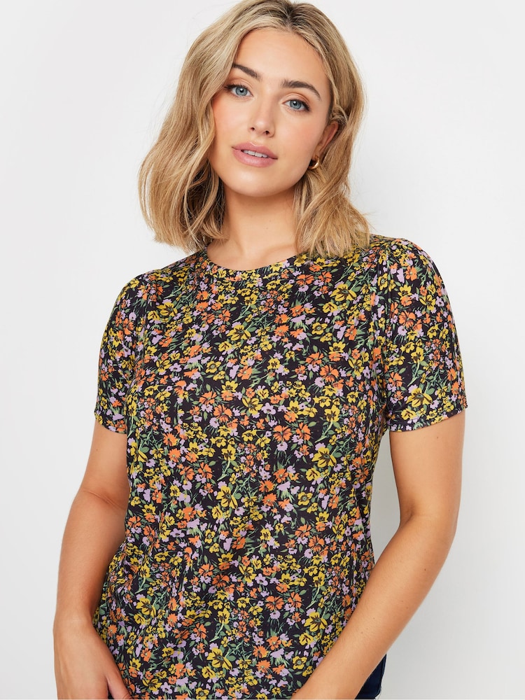 M&Co Black Floral Short Sleeve Jersey Top - Image 1 of 5