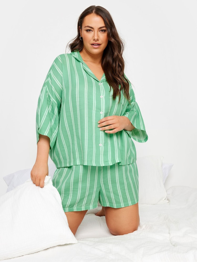 أخضر - Yours Curve Stripe Double Cloth 100% Cotton Pyjamas Set - صورة 1 من 5
