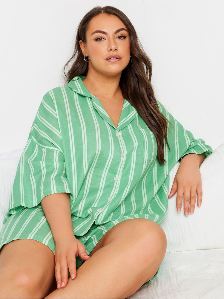 Yours Curve Green Stripe Double Cloth 100% Cotton Pyjamas Set - Image 4 of 5