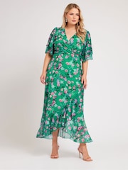 Yours Curve Green London Ruffle Wrap Mesh Dress - Image 2 of 5