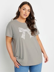 Yours Curve Grey Diamante Bow Print T-Shirt - Image 1 of 5