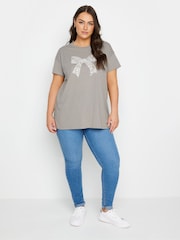 Yours Curve Grey Diamante Bow Print T-Shirt - Image 2 of 5