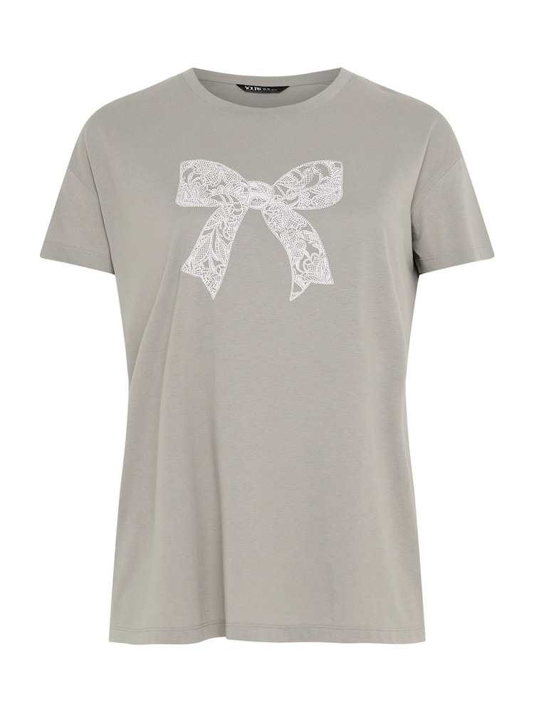 Yours Curve Grey Diamante Bow Print T-Shirt - Image 5 of 5