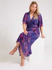 Yours Curve Purple London Ruffle Wrap Mesh Dress - Image 1 of 5