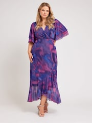 Yours Curve Purple London Ruffle Wrap Mesh Dress - Image 2 of 5