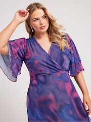 Yours Curve Purple London Ruffle Wrap Mesh Dress - Image 4 of 5