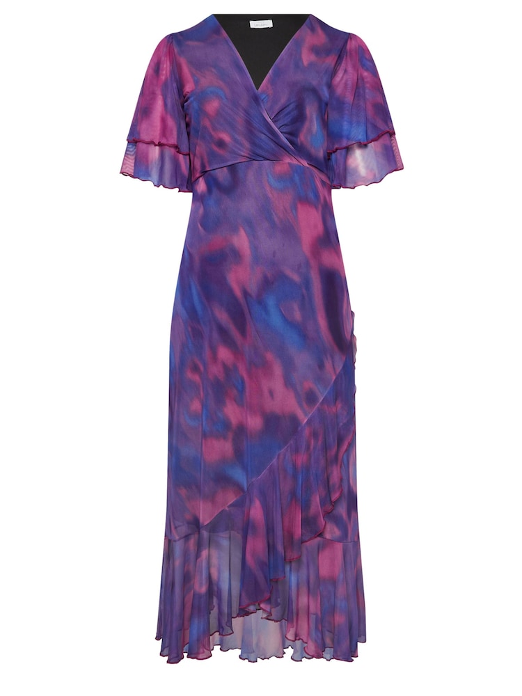 Yours Curve Purple London Ruffle Wrap Mesh Dress - Image 5 of 5