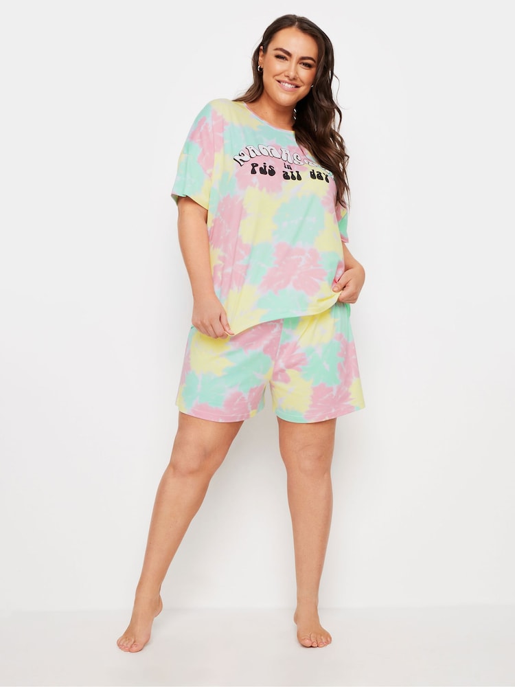 Yours Curve Pink Namastay Tie Dye Crop Pyjamas Set - Image 2 of 5 Yours Curve Pink Namastay Tie Dye Crop Pyjamas Set - Image 2 of 5