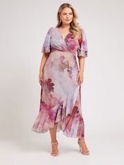 Yours Curve Pink London Ruffle Wrap Mesh Dress - Image 1 of 5