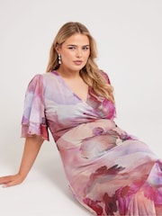 Yours Curve Pink London Ruffle Wrap Mesh Dress - Image 2 of 5