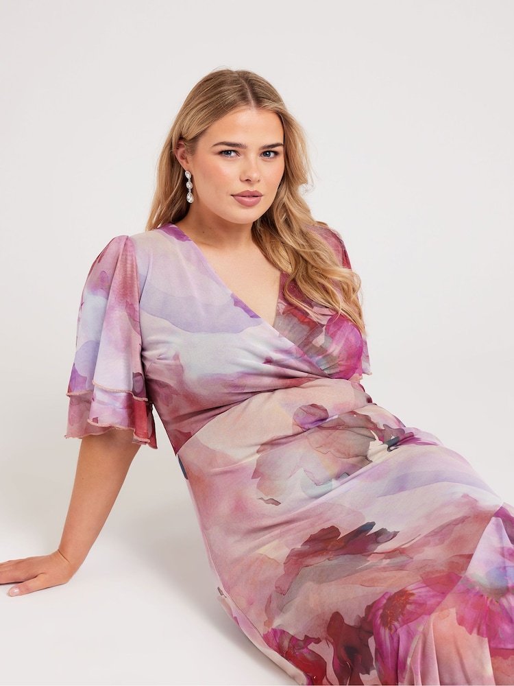 Yours Curve Pink London Ruffle Wrap Mesh Dress - Image 2 of 5