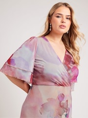 Yours Curve Pink London Ruffle Wrap Mesh Dress - Image 3 of 5