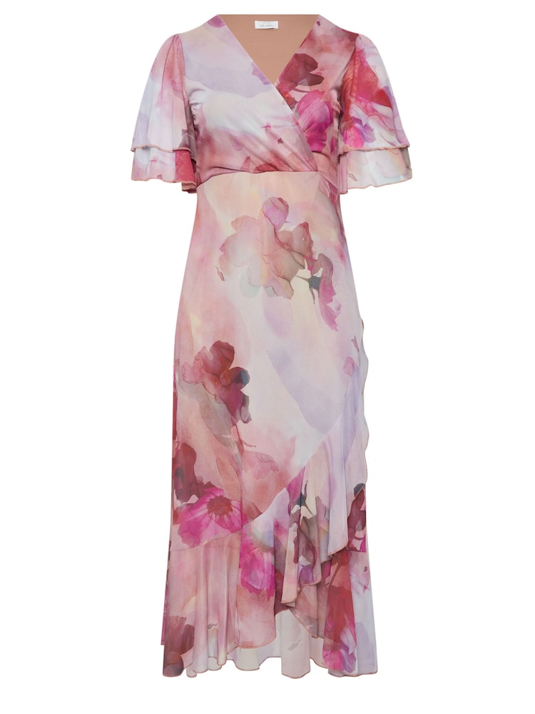 Yours Curve Pink London Ruffle Wrap Mesh Dress - Image 5 of 5