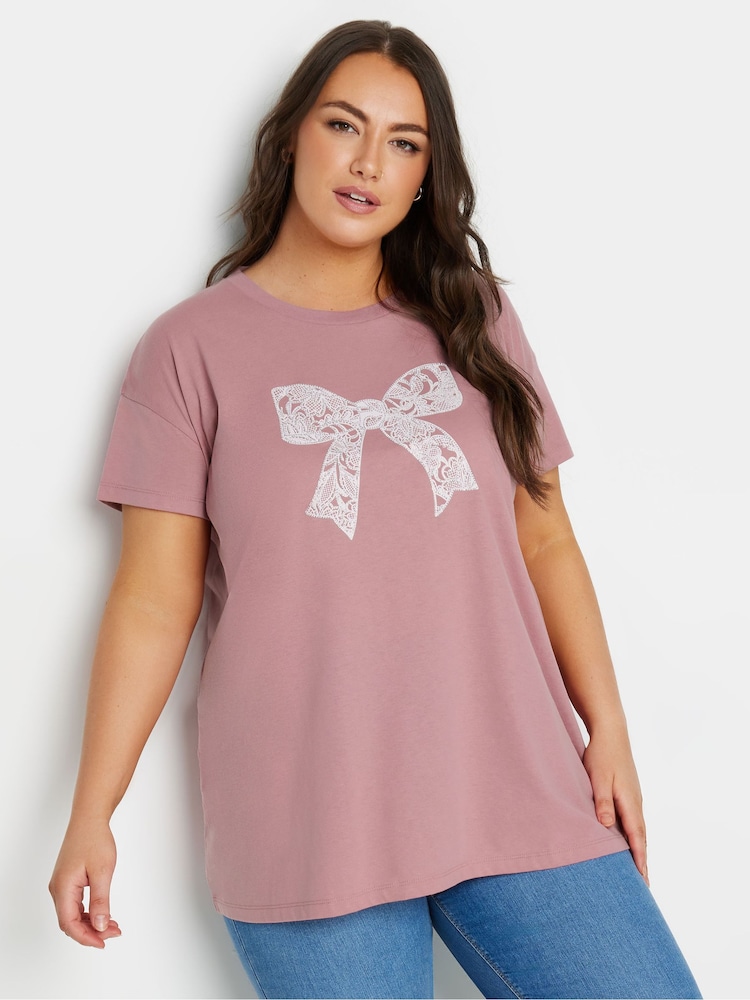 Yours Curve Pink Diamante Bow Print T-Shirt - Image 1 of 5