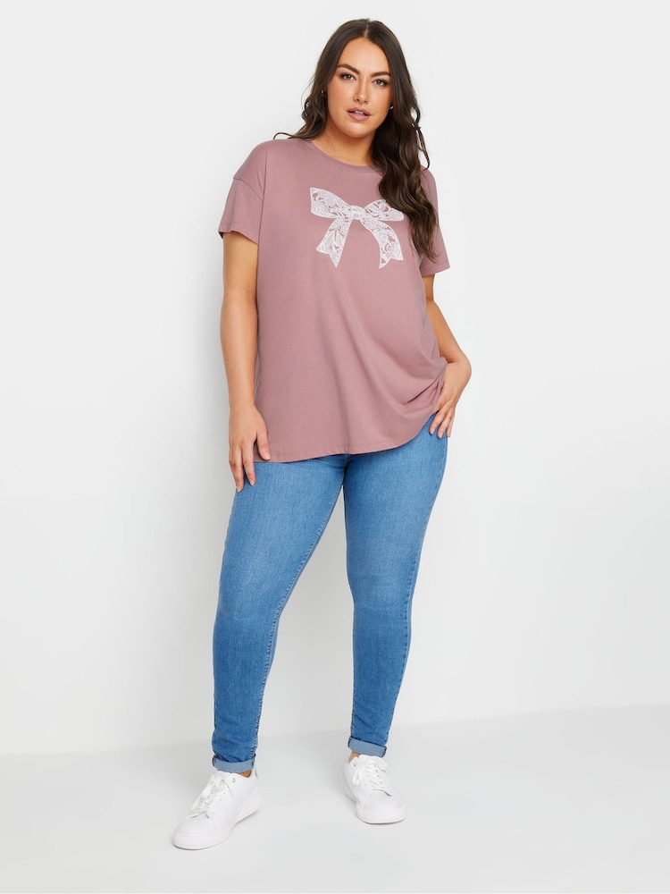 Yours Curve Pink Diamante Bow Print T-Shirt - Image 2 of 5