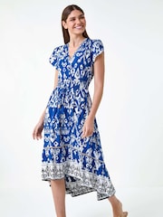 Roman Blue Aztec Style Print Dipped Hem Midi Dress - Image 1 of 5
