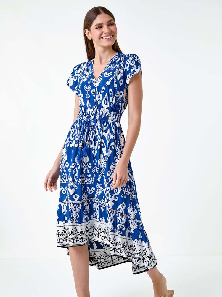Roman Blue Aztec Style Print Dipped Hem Midi Dress - Image 1 of 5