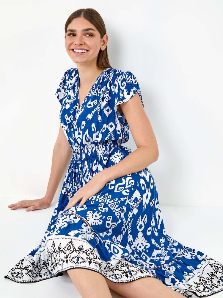 Roman Blue Aztec Style Print Dipped Hem Midi Dress - Image 2 of 5