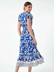 Roman Blue Aztec Style Print Dipped Hem Midi Dress - Image 3 of 5