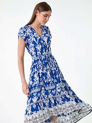 Roman Blue Aztec Style Print Dipped Hem Midi Dress - Image 4 of 5